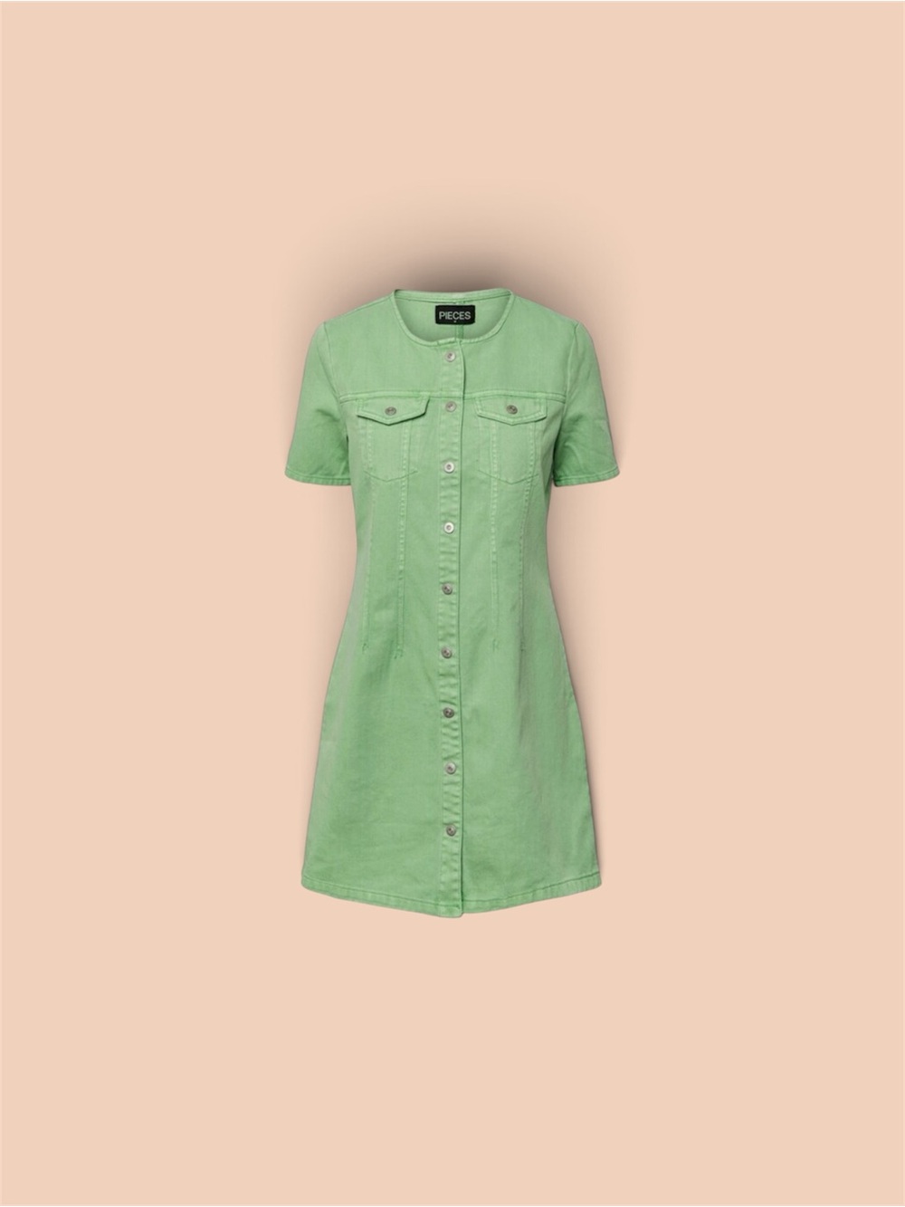 Pieces Short-Sleeve Button-Front Mini Dress in Green